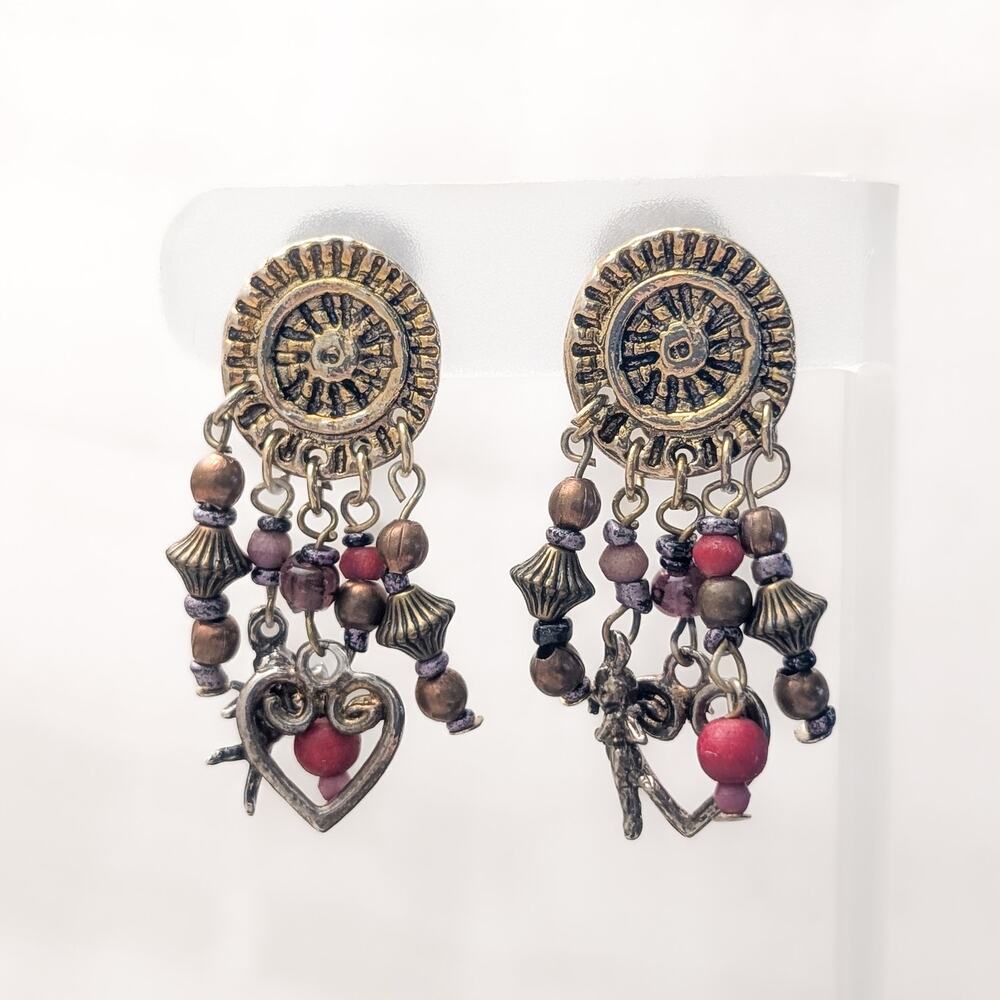 Vintage Clip On Earrings Statement Dark Gold Tone with Charms & Red/Brown Beads